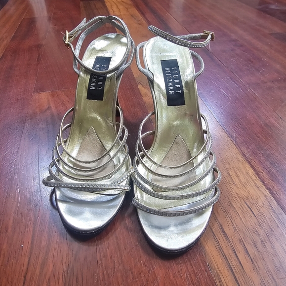 Stuart Weitzman Gold And Crystal Strappy Sandals Size 8 - Picture 1 of 7